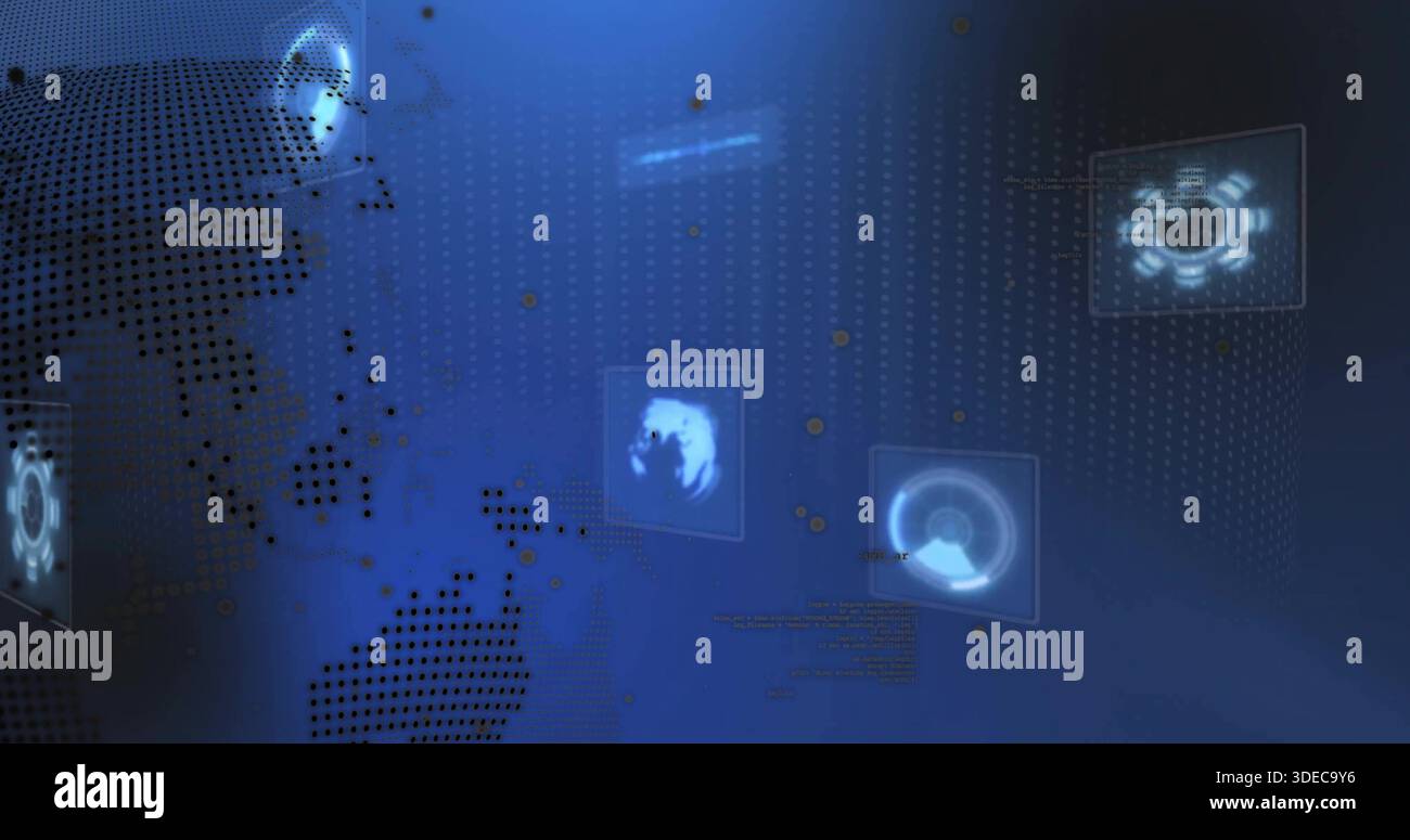 Displaying abstract digital interface in virtual control room, showing dotted world map, HUD panels Stock Photo