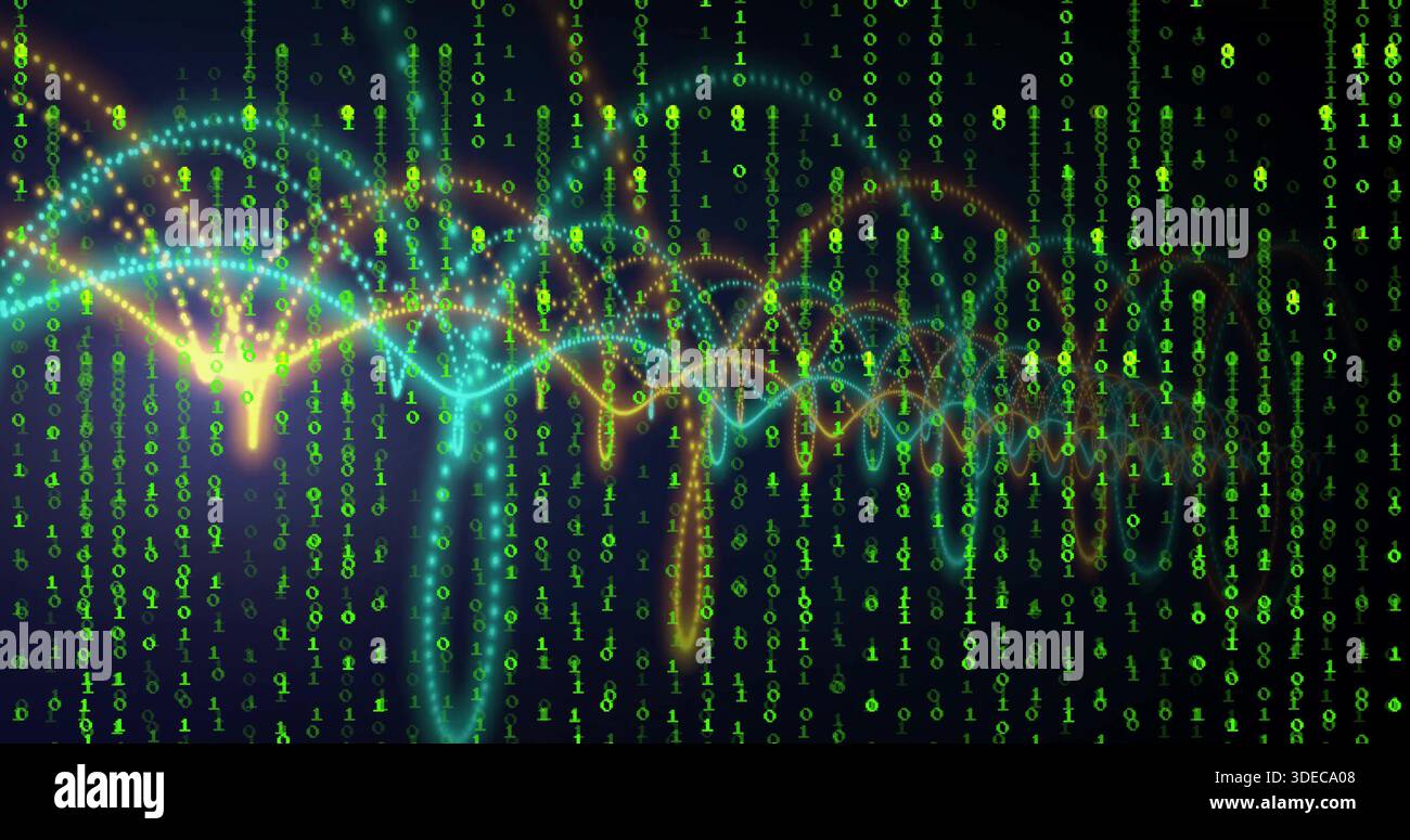 Streaming neon sine waveforms and dotted particles moving in data stream with green binary digits Stock Photo