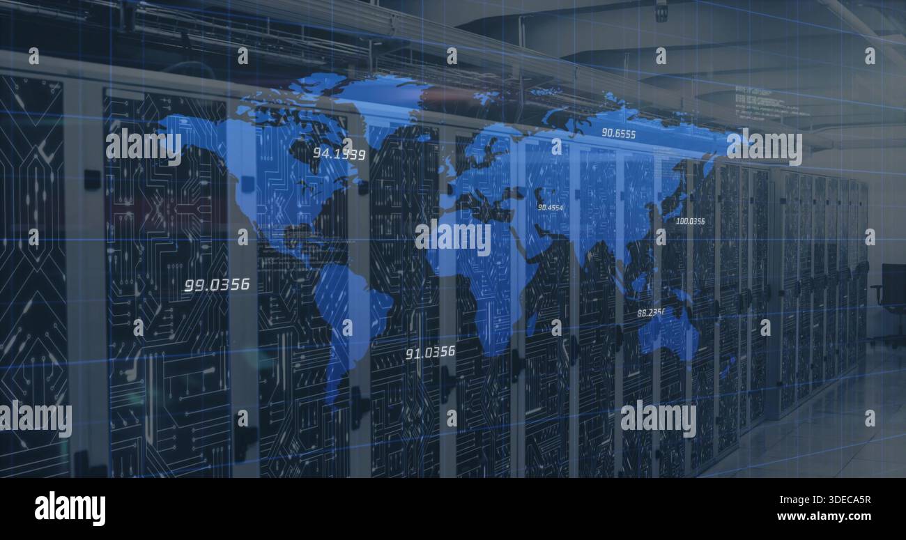 Displaying centered server racks in data center projecting blue world map, numeric labels, LEDs Stock Photo