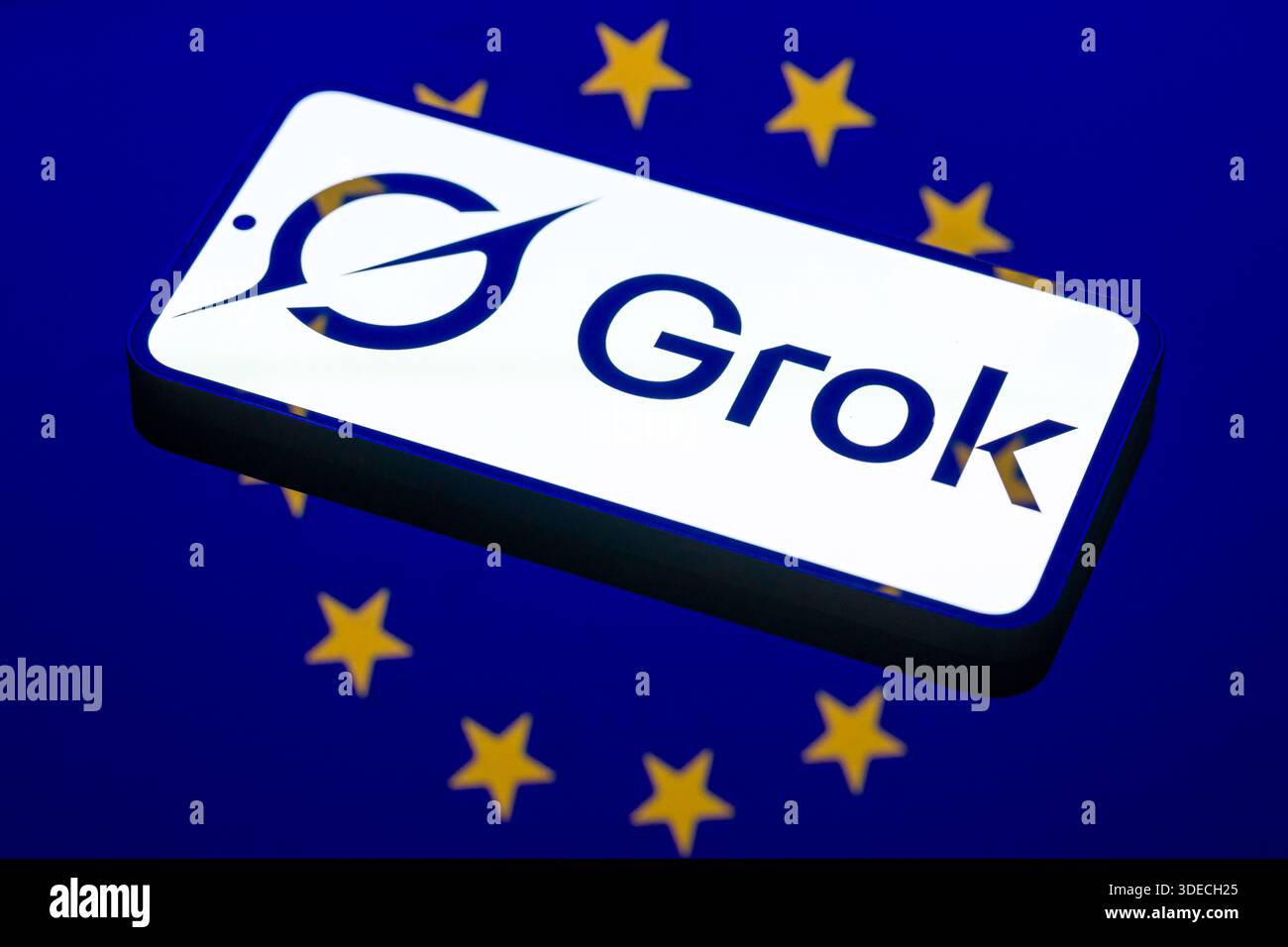Brussels, Belgium. 06th Jan, 2026. The Grok logo is displayed on a mobile phone with the EU stars visible seen. In this photo illustration. Taken in Brussels, Belgium, on 6 January 2026. (Jonathan Raa/Sipa USA) *** Strictly for editorial news purposes only *** Credit: Sipa USA/Alamy Live News Stock Photo