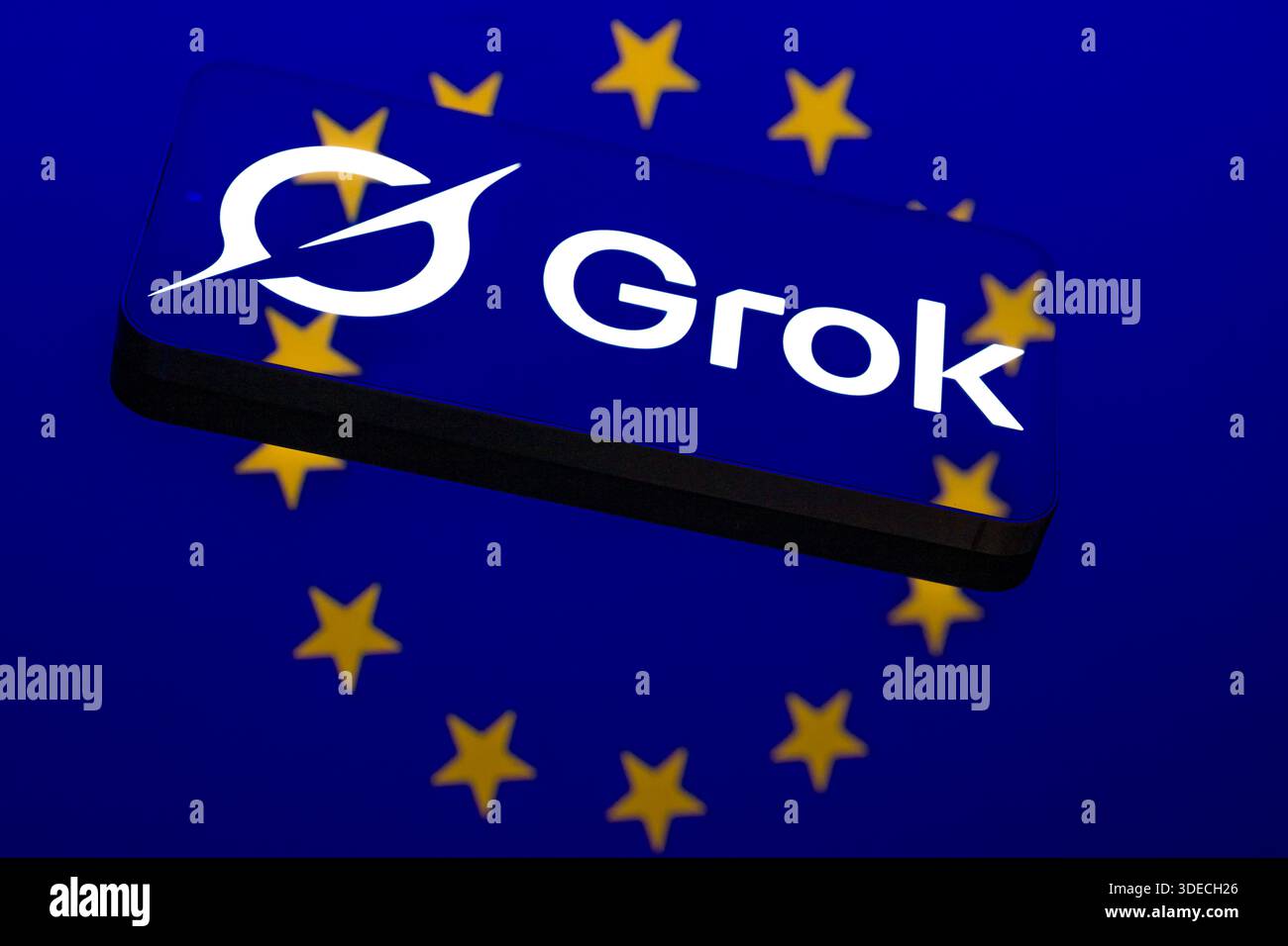 Brussels, Belgium. 06th Jan, 2026. The Grok logo is displayed on a mobile phone with the EU stars visible seen. In this photo illustration. Taken in Brussels, Belgium, on 6 January 2026. (Jonathan Raa/Sipa USA) *** Strictly for editorial news purposes only *** Credit: Sipa USA/Alamy Live News Stock Photo
