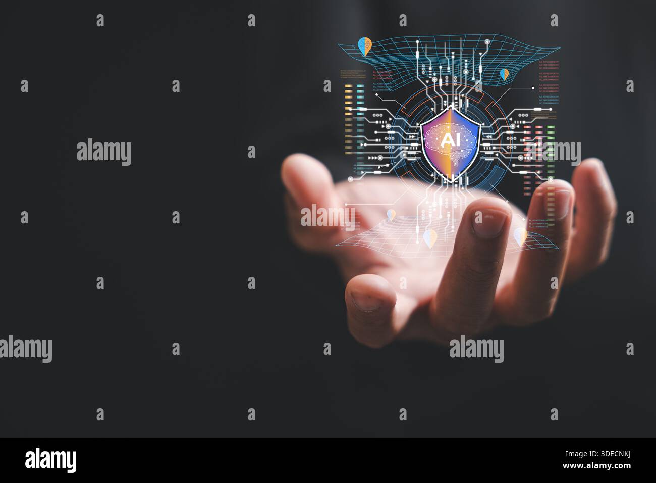 AI security systems automate threat response with artificial intelligence powered analytics, a hand holds this machine learning based network security Stock Photo