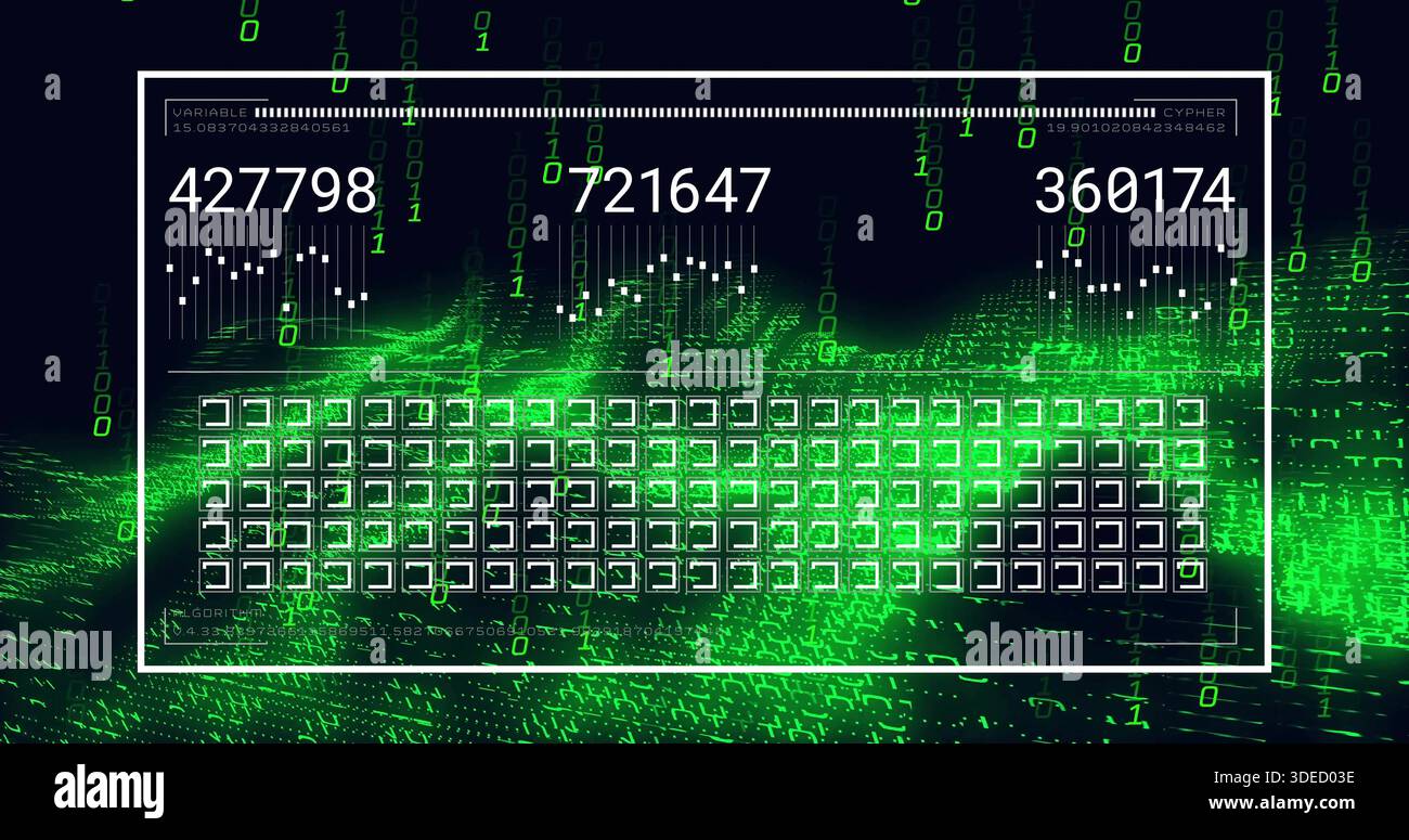 Displaying white dashboard overlay with three counters and tile grid in cyber UI amid binary digits Stock Photo
