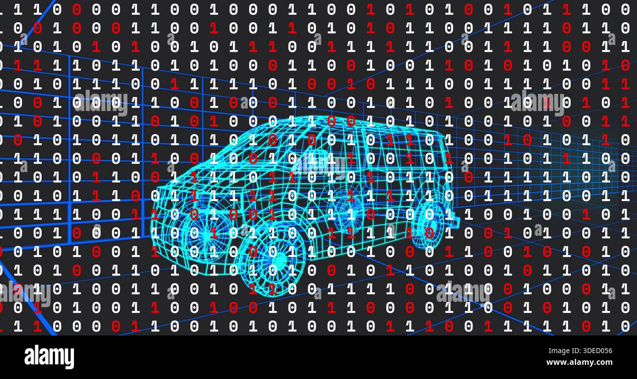 Vehicle Data Matrix Code Hovering cyan wireframe SUV-style vehicle drifting through virtual data ...