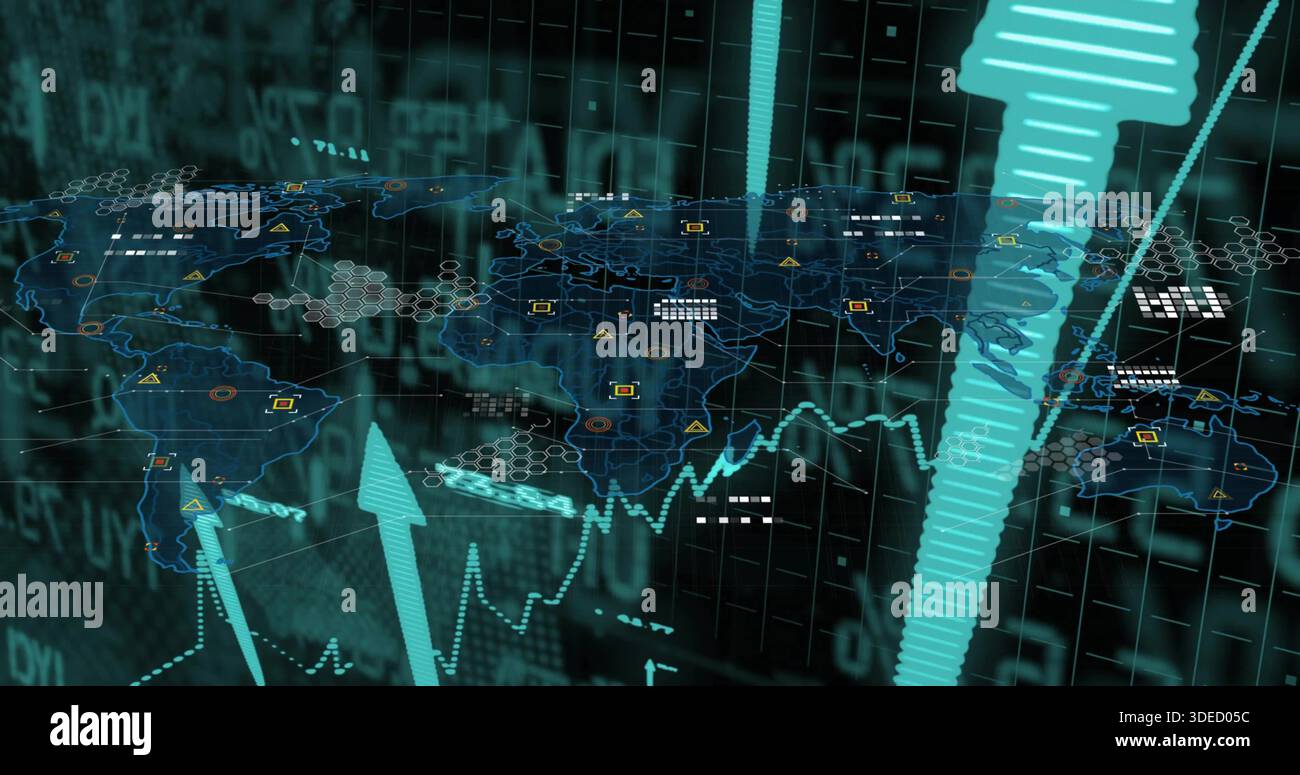 Displaying stylized world map on virtual dashboard, showing hex clusters, 3D arrows, dotted chart Stock Photo