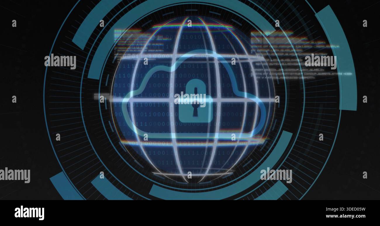 Displaying central wireframe globe with cloud and padlock on cyber HUD rings, binary code Stock Photo