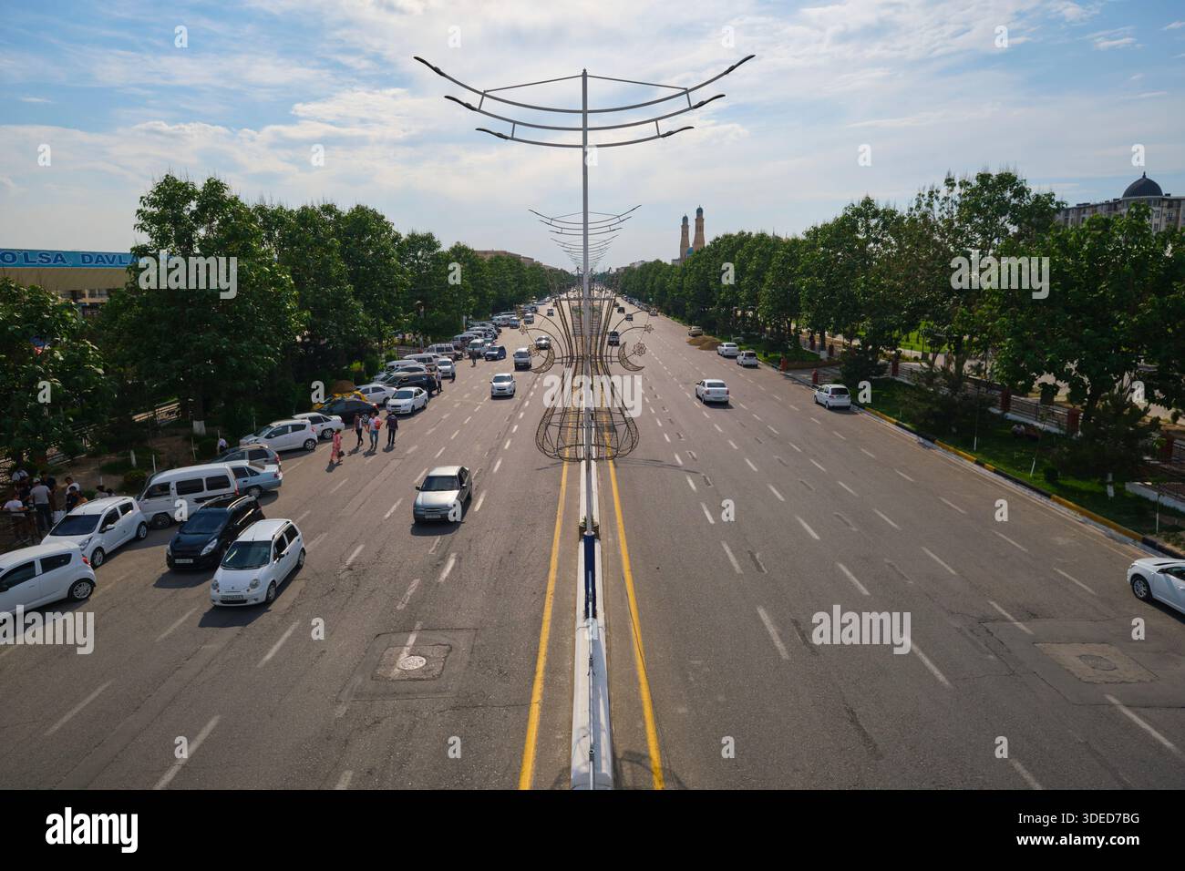Overview of the main street between Eski Bazaar and the Jami mosque complex. In Andijan, Fergana Valley, Uzbekistan. Stock Photo