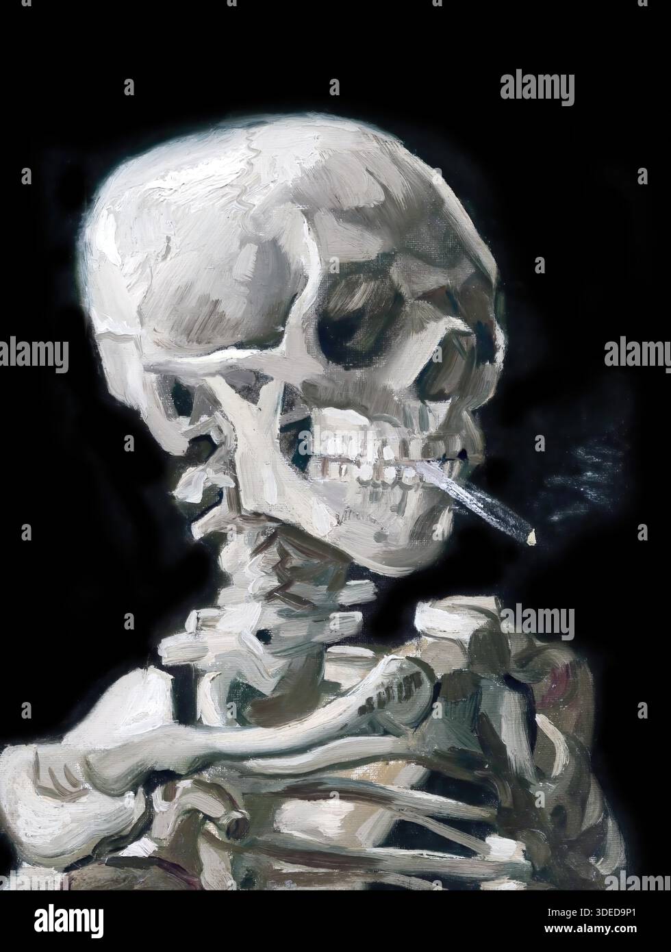 skeleton smoking a cigarette painting Vincent van Gogh Head of a Skeleton with a Burning Cigarette 1886 oil  painting depicting a macabre, humorous study with expressive brushwork  Stock Vector Image & Art