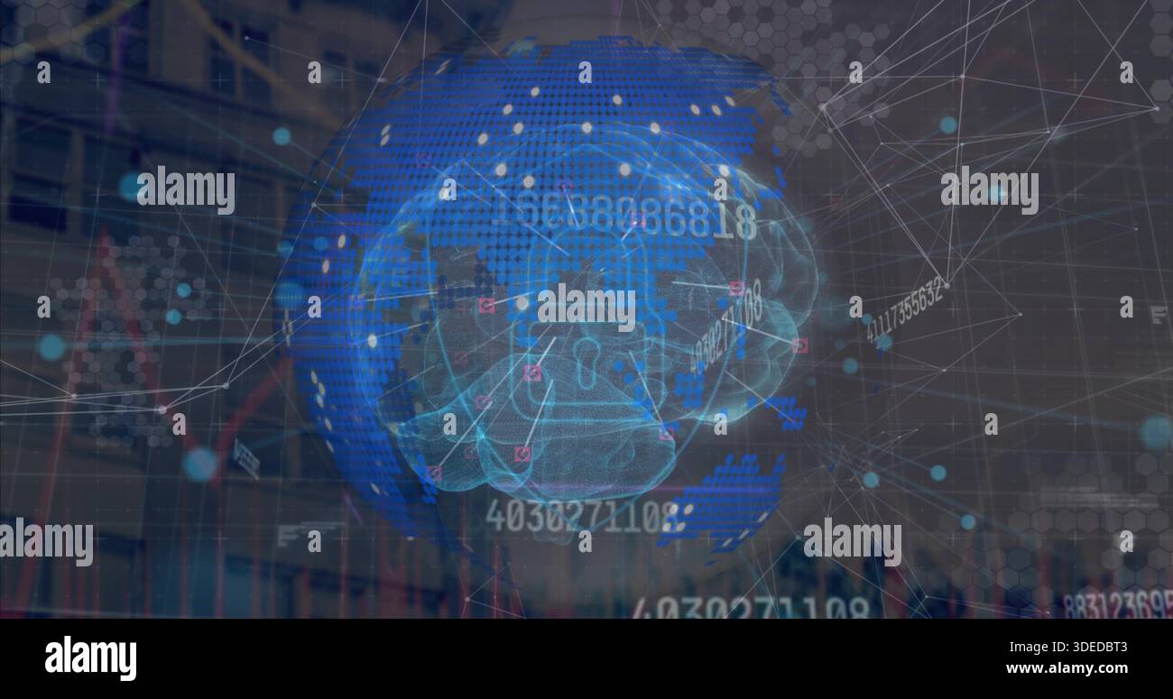 Projecting central 3D brain globe over trading charts with lock icon, numbers, nodes, hex panel Stock Photo