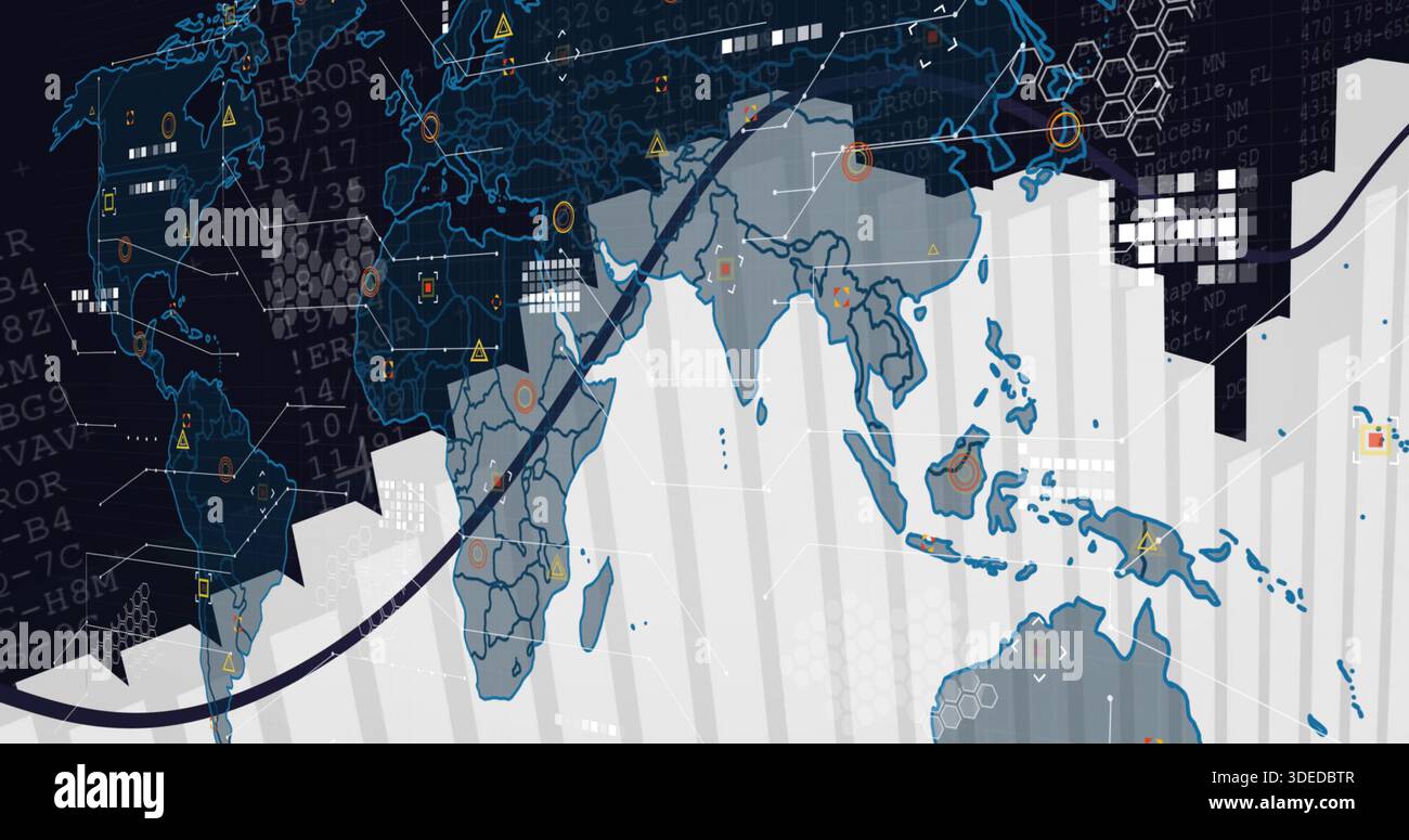 Displaying stylized world map with rising white bars in digital ...