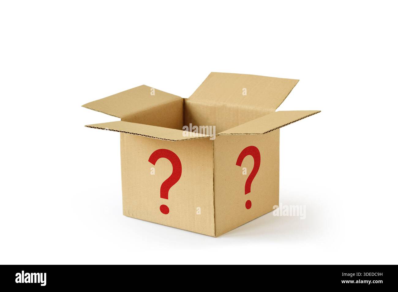Cardboard box with question mark on white background - Concept of ...