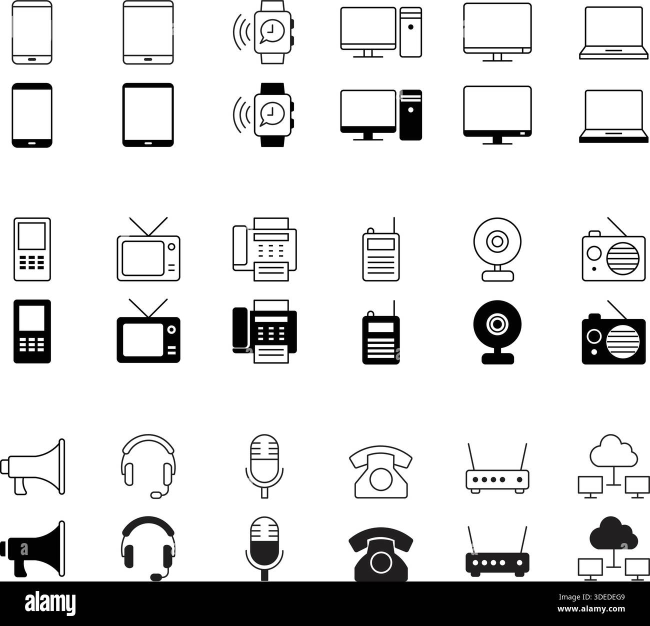 Collection of modern digital devices and technology icons in black and ...