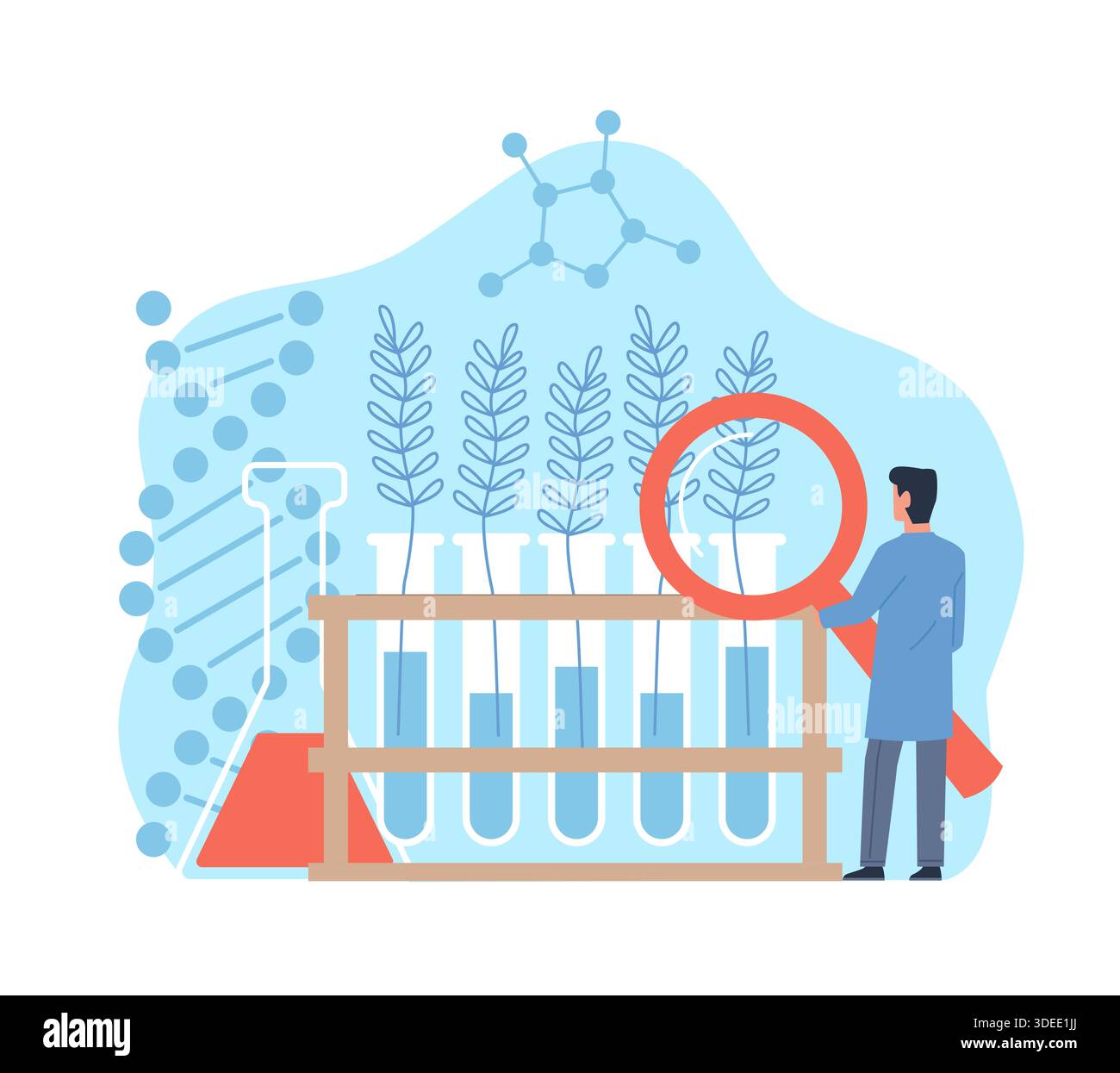 Genetically modified plants. Man with magnifying glass watches sprouts ...