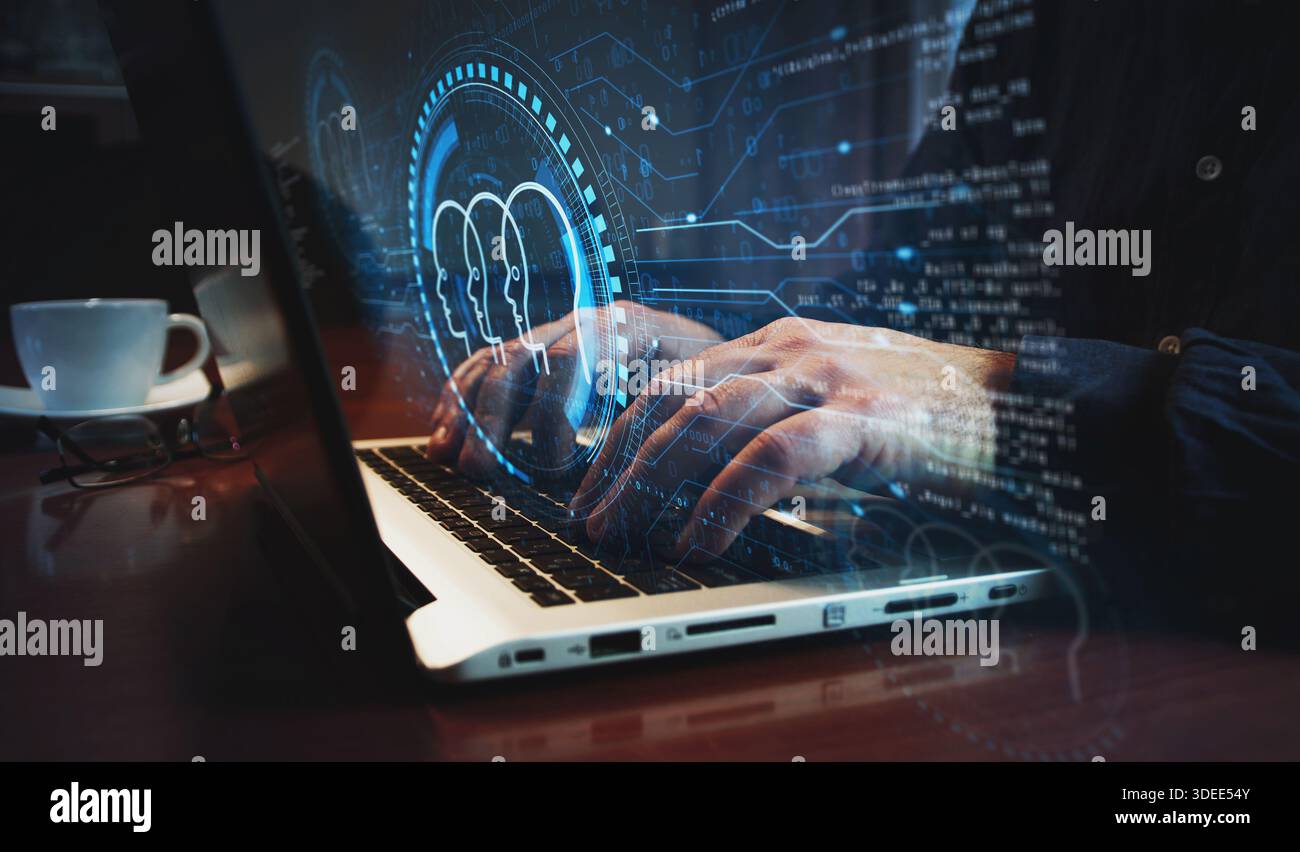 Artificial intelligence head ai symbol and man typing computer keyboard ...