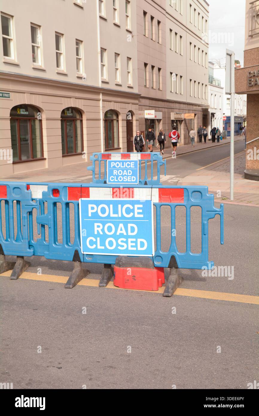Police Road Closed signs for a public running event Stock Photo