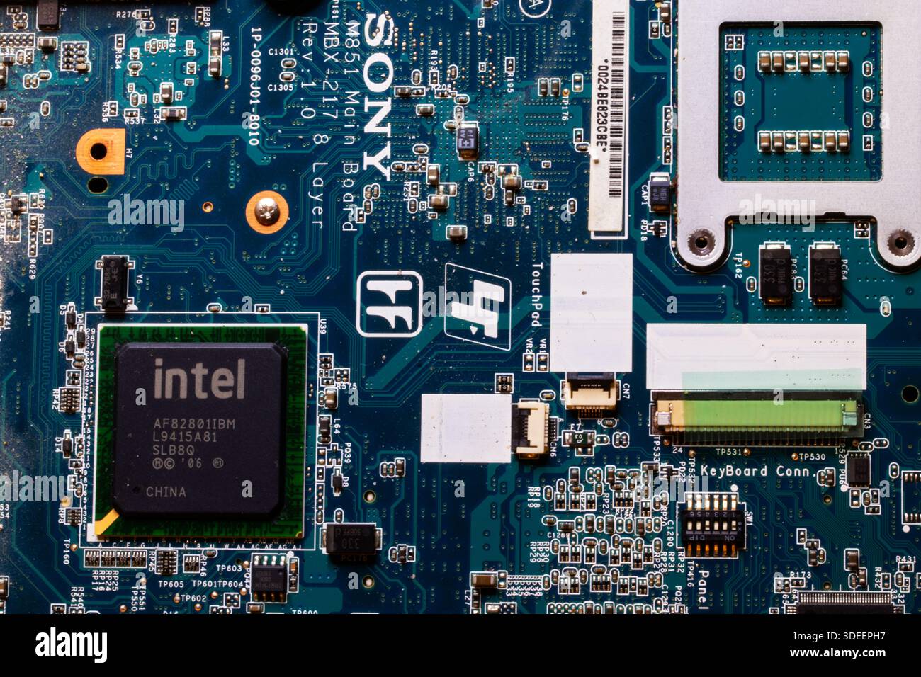 Detailed Sony laptop motherboard showing Intel processor chipset and ...