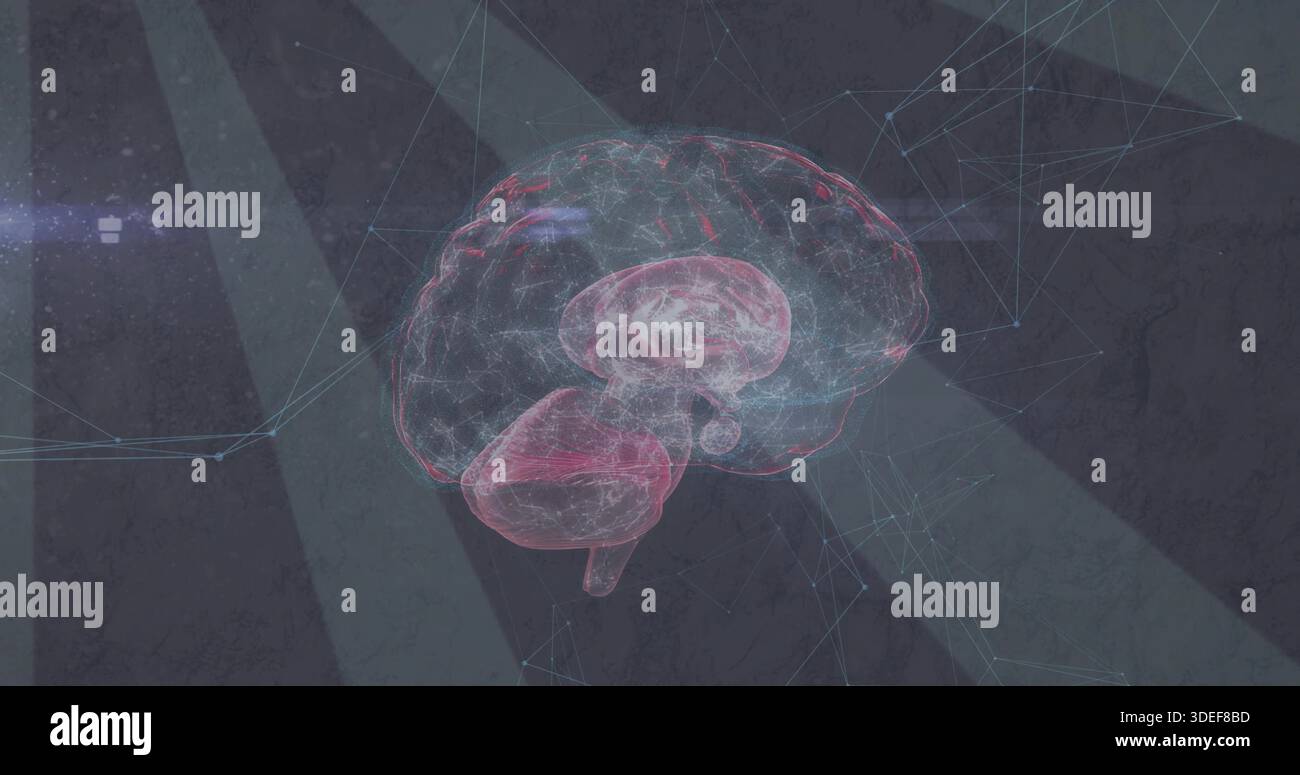 Projecting translucent holographic brain floating over dark textured plane, showing network nodes Stock Photo