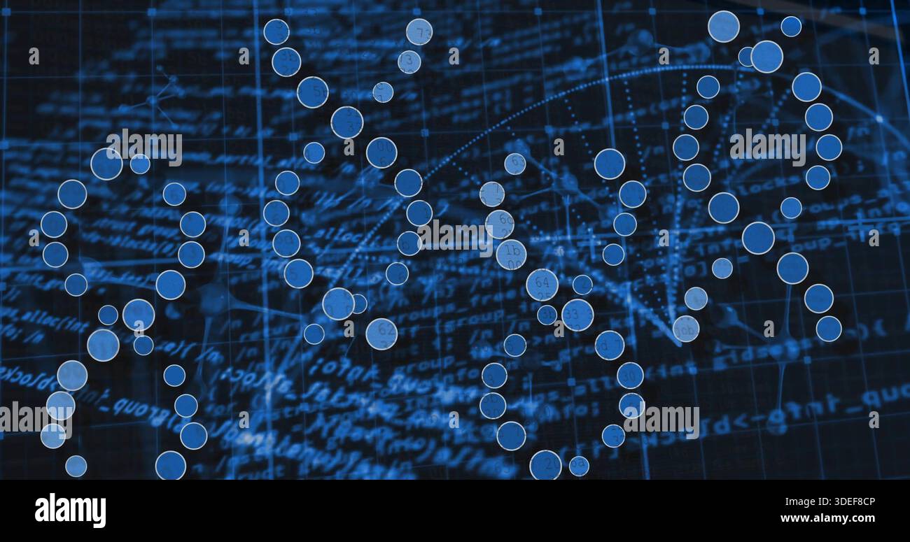 Displaying helical strands glowing with clear blue nodes on navy grid, with dotted links and code Stock Photo