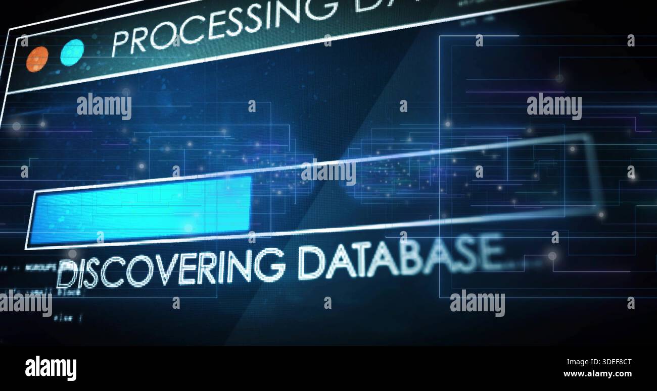 Displaying data-viz interface in software HUD, revealing DISCOVERING DATABASE and cyan progress Stock Photo