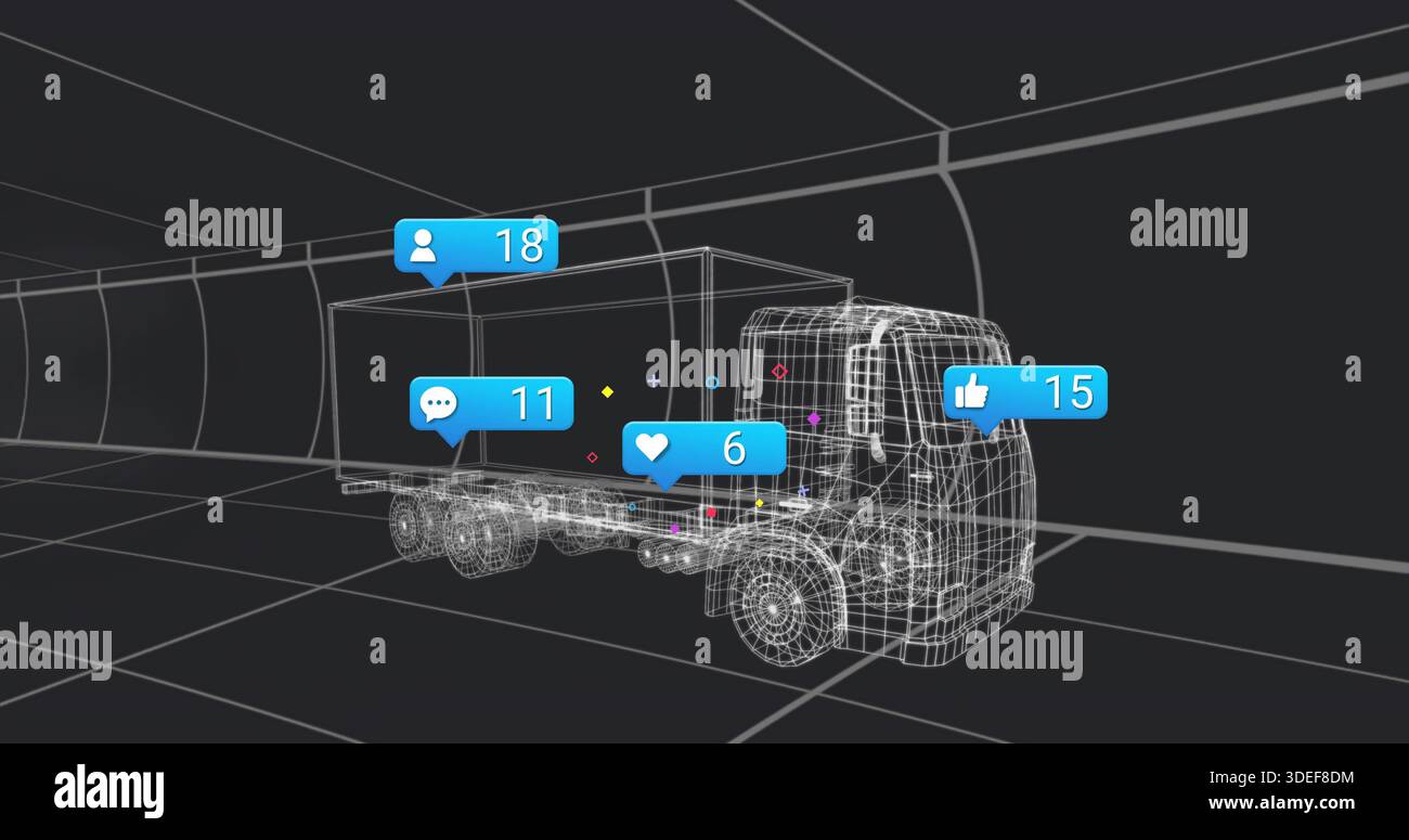 Displaying wireframe semi-truck rotating inside virtual tunnel, with blue notification bubbles Stock Photo