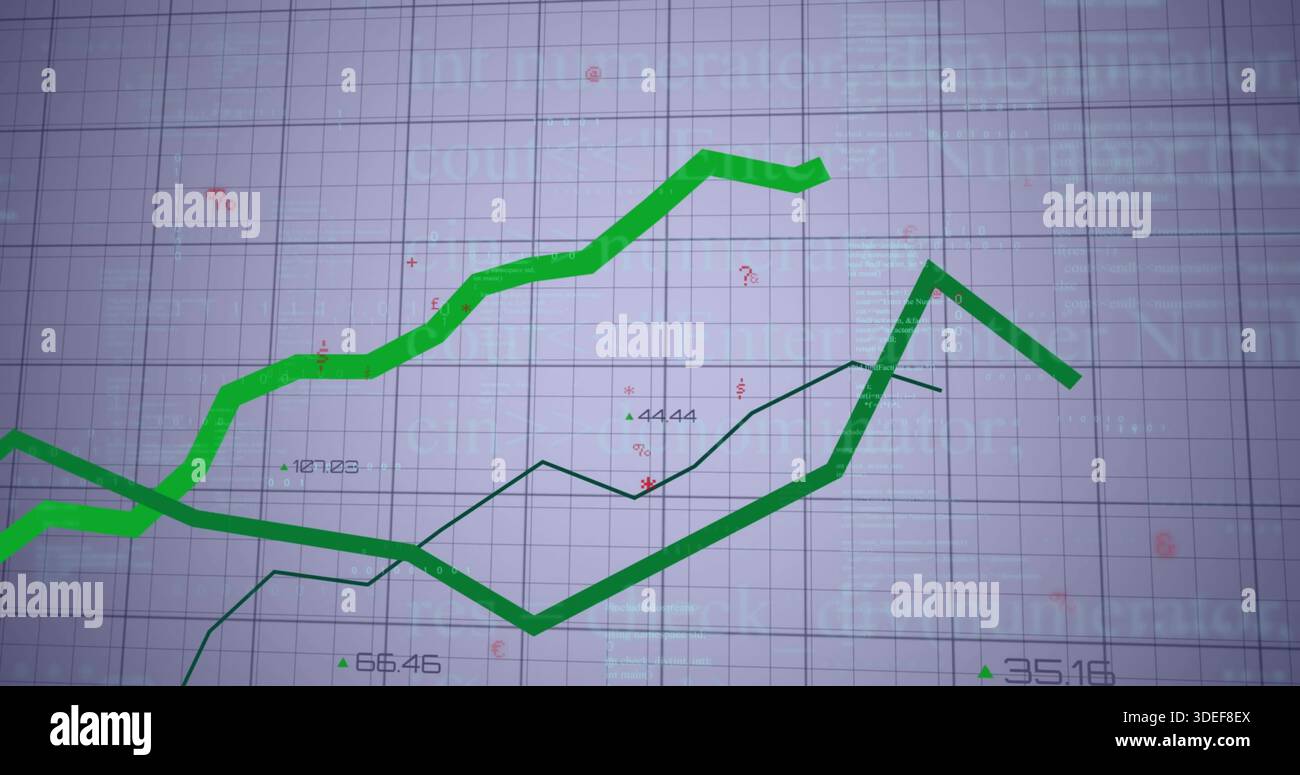 Displaying thick bright green trend line moving across digital ...