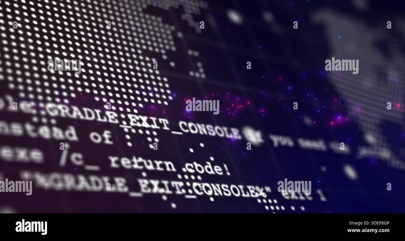 Displaying moving monospaced code with GRADLE_EXIT_CONSOLE on screen with dotmap, purple particles Stock Photo