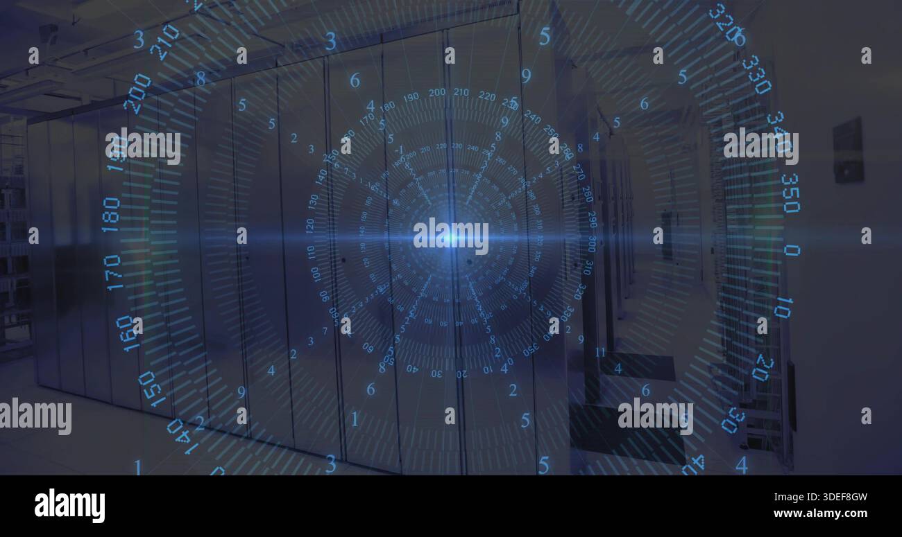 Projecting blue holographic circular interface hovering over data center aisle, mirroring rack LEDs Stock Photo