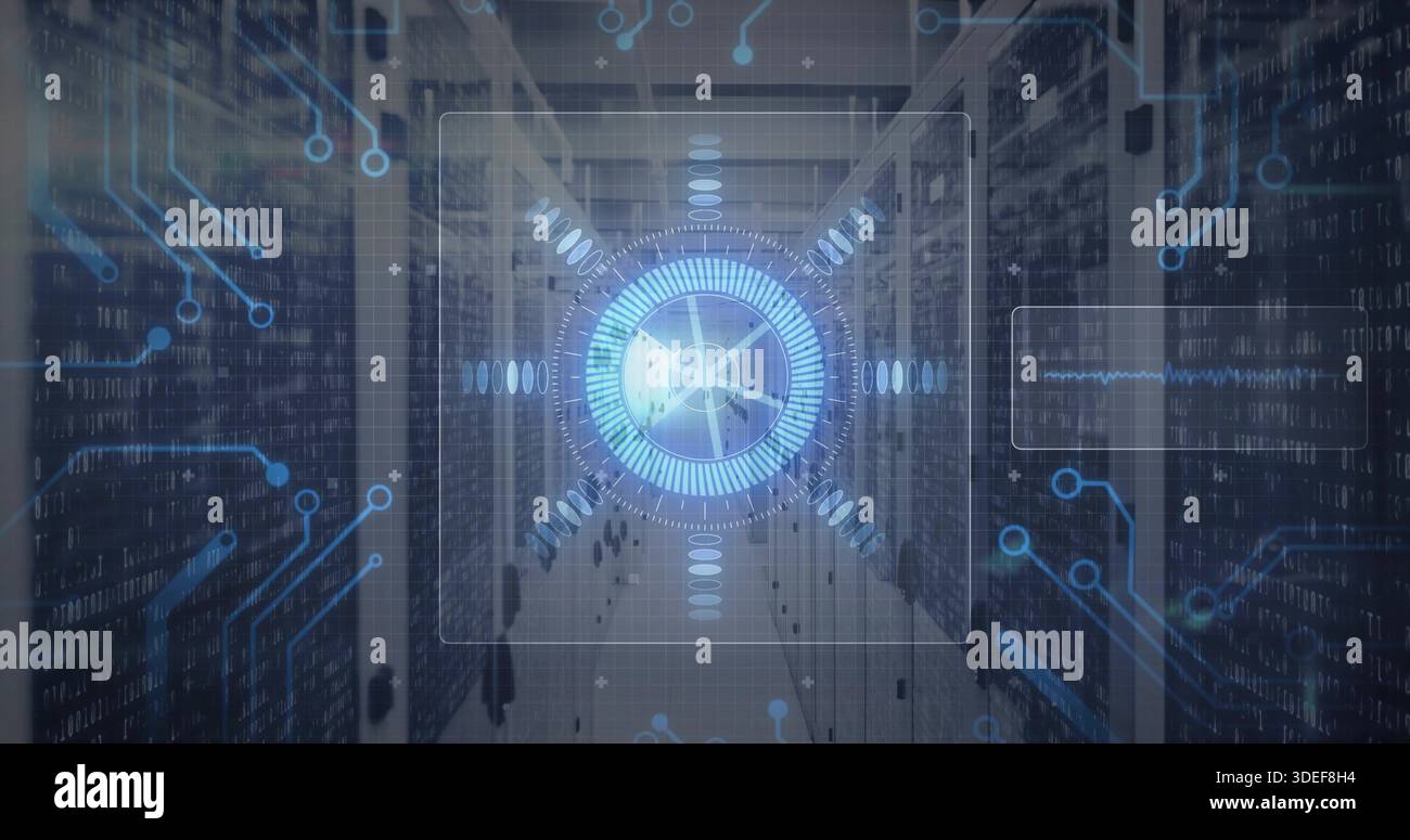 Floating circular holographic interface occupying central server aisle ...