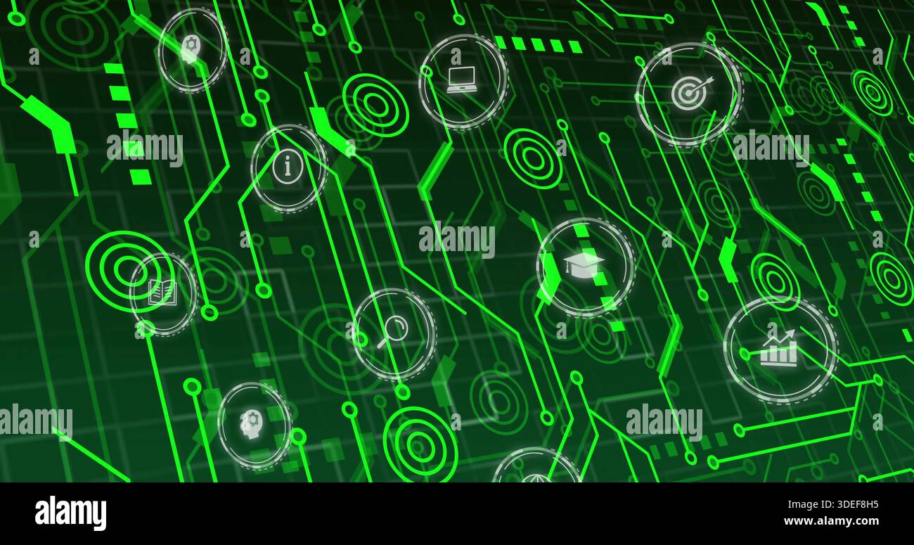 Displaying digital circuit network centered at virtual interface, with neon traces and icons Stock Photo