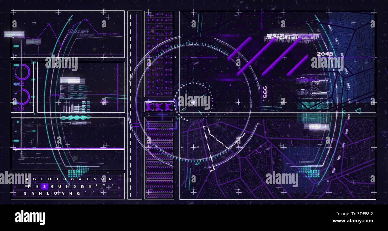 Displaying futuristic HUD navigation reticle on virtual console, showing map panel and waveforms Stock Photo