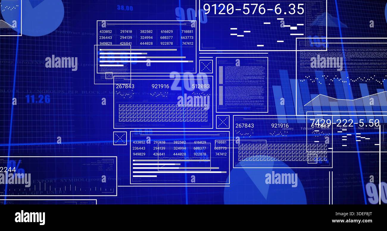 Displaying clustered data panels on virtual dashboard with matrix grids, charts, numeric labels Stock Photo