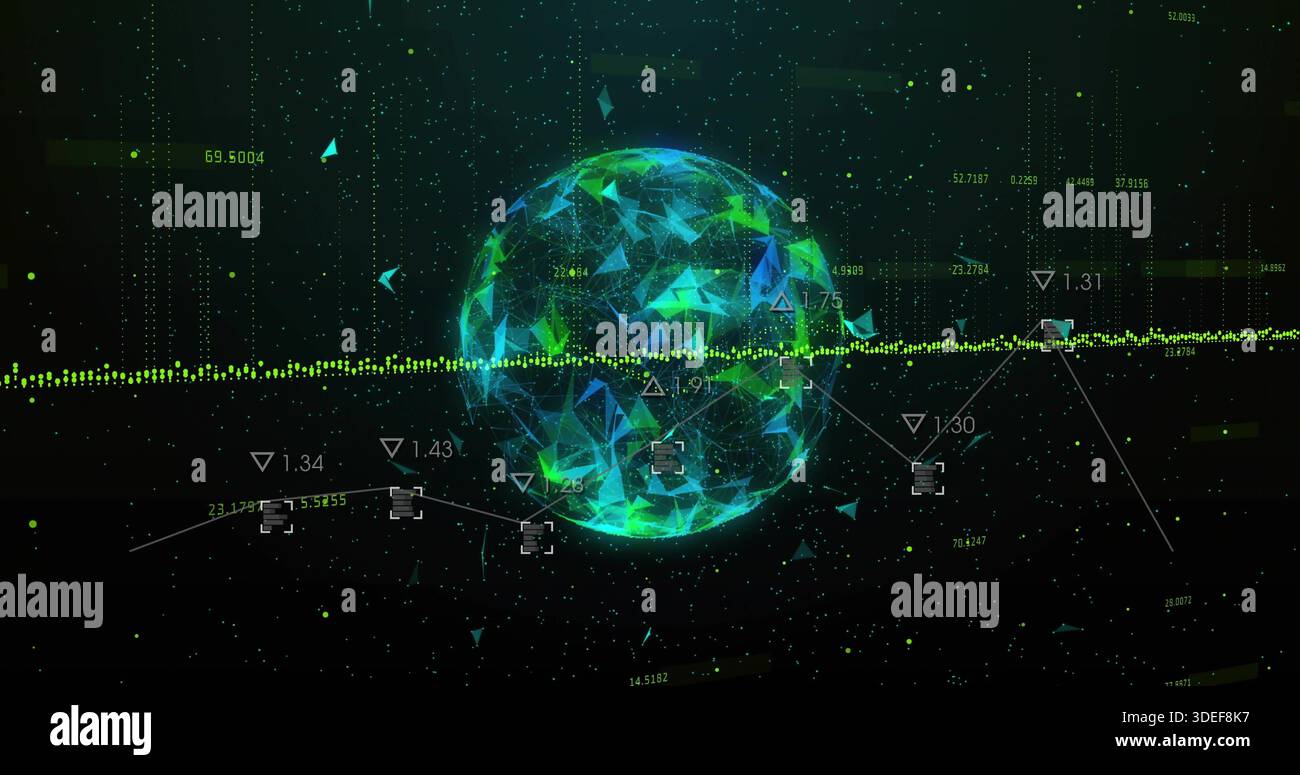 Pulsing polygonal data sphere rotating in virtual UI, intersecting waveform, reticles and shards Stock Photo