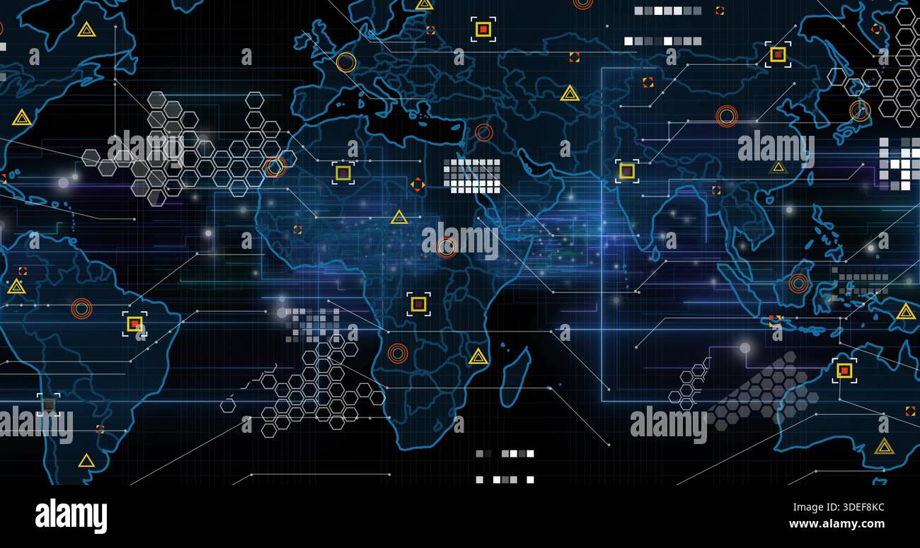 Displaying global map showing network flow on dark dashboard, with hex clusters and glowing nodes Stock Photo