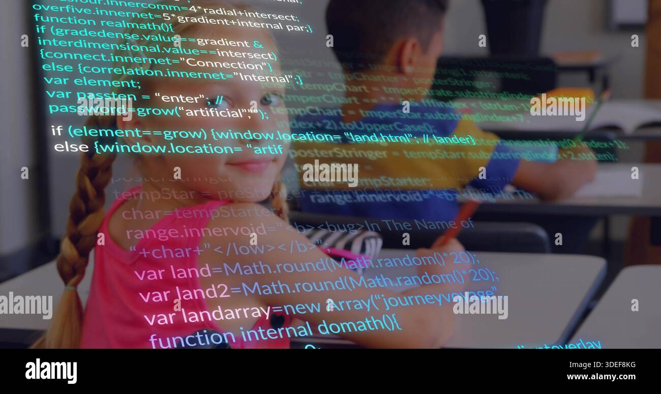 Sitting student with braid in pink top using laptop at classroom desk, code overlay, copy space Stock Photo