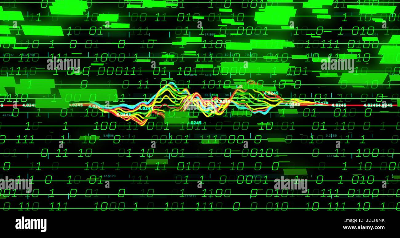 Streaming multicolor waveform across data display, with binary digits, green tiles, gridlines Stock Photo