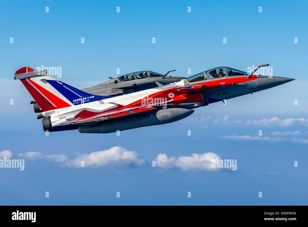 The French Air Force displays a Rafale C and Rafale B flying in