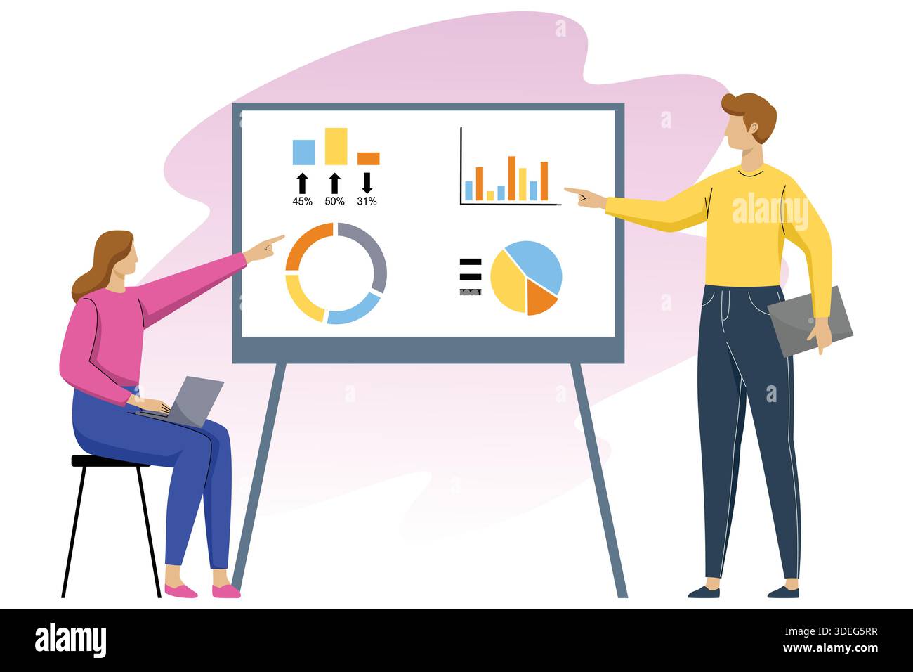Business team analyzing data presentation with charts and graphs Stock Vector