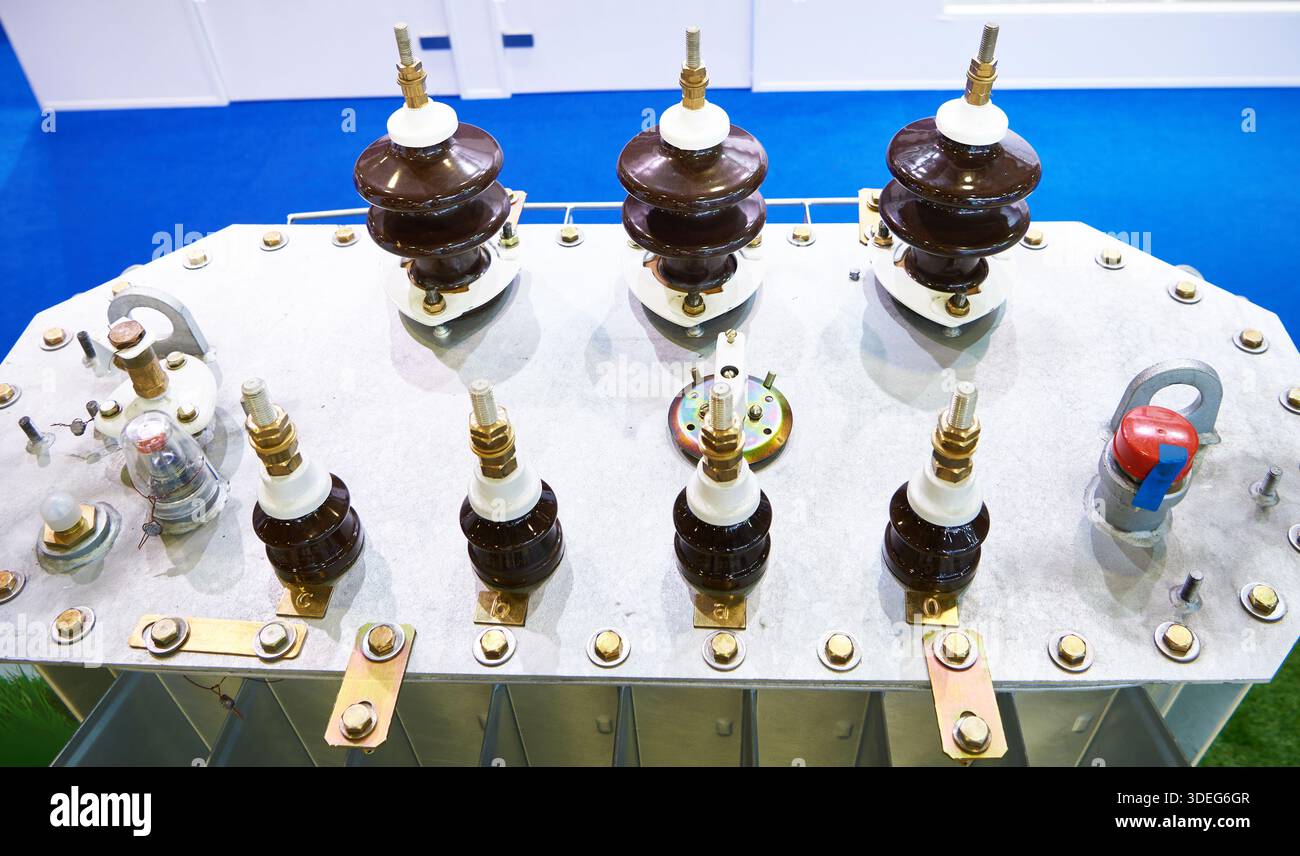 Electrical transformer with insulators Stock Photo
