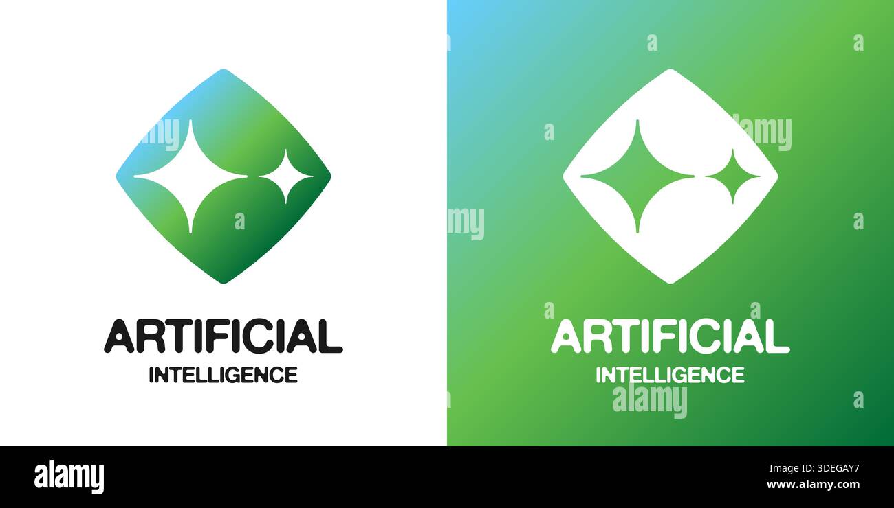 AI logo icon concept with artificial intelligence symbol. Futuristic digital design features star typography and gradient vector badge. Modern tech graphic for chatbot app branding smart automation. Stock Vector