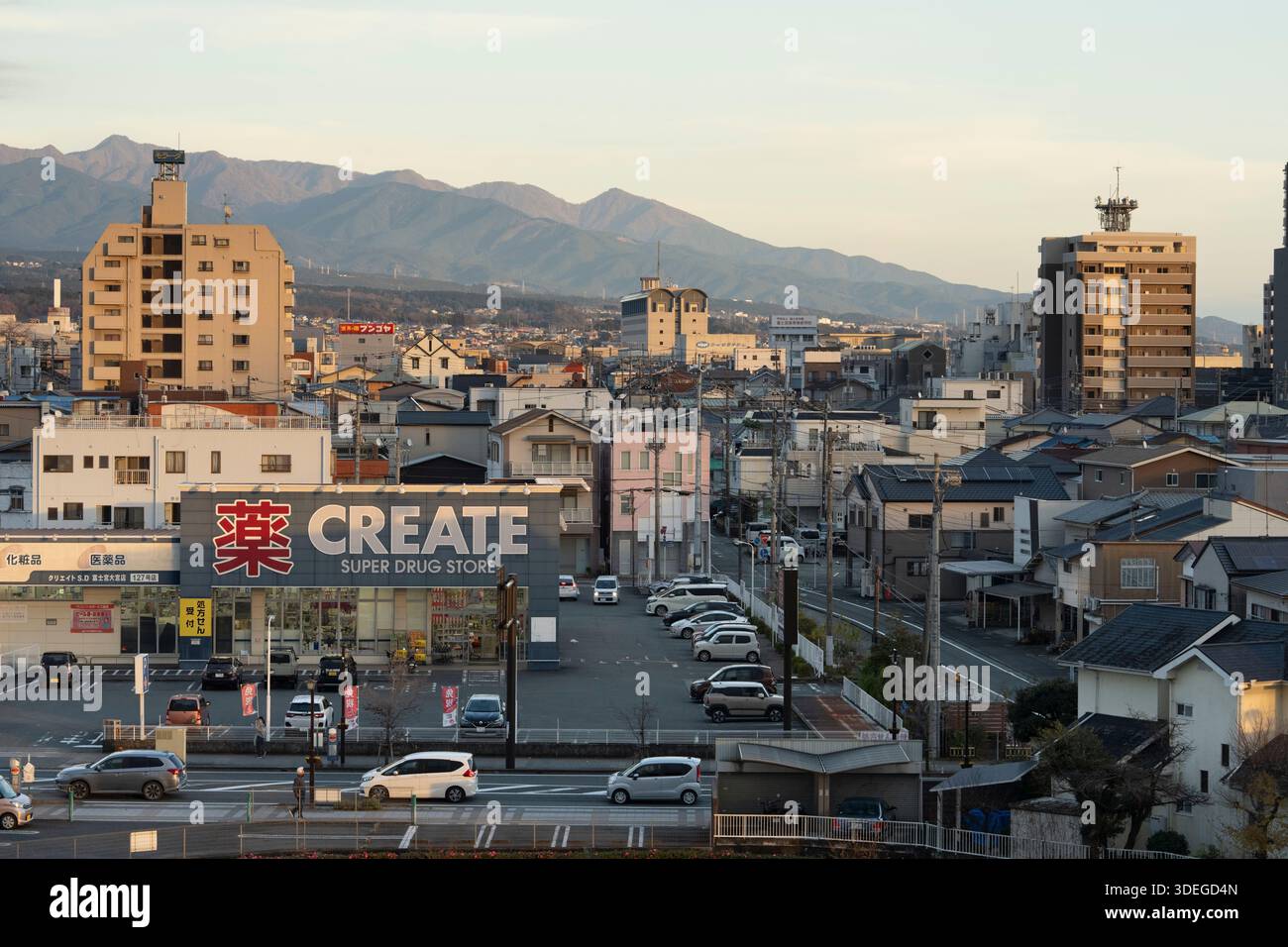 CREATE Super Drug Store in Fujinomiya, Japan, with Mt. Fuji in the background. Stock Photo