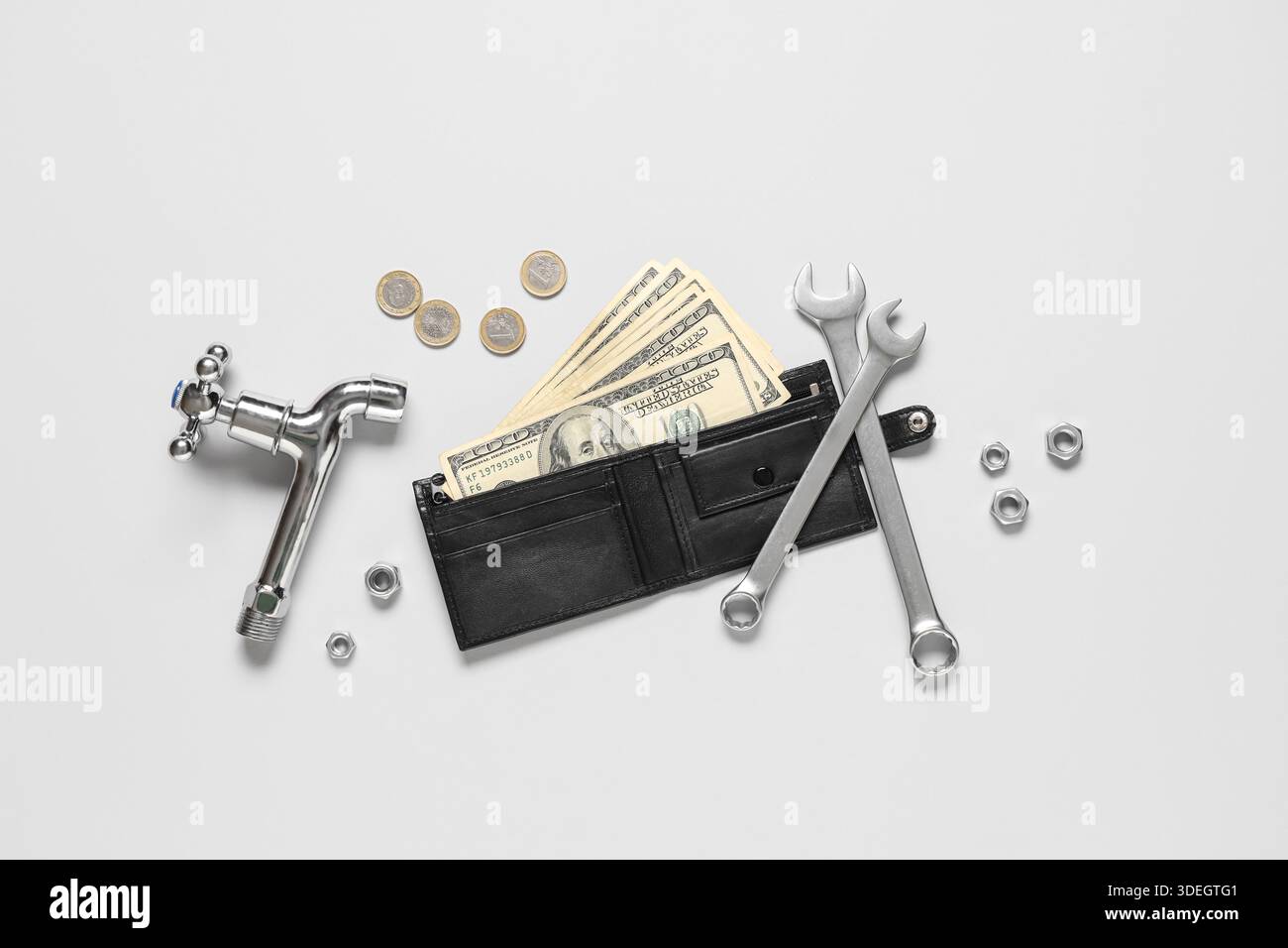 Wallet with money and plumber's tools on white background Stock Photo