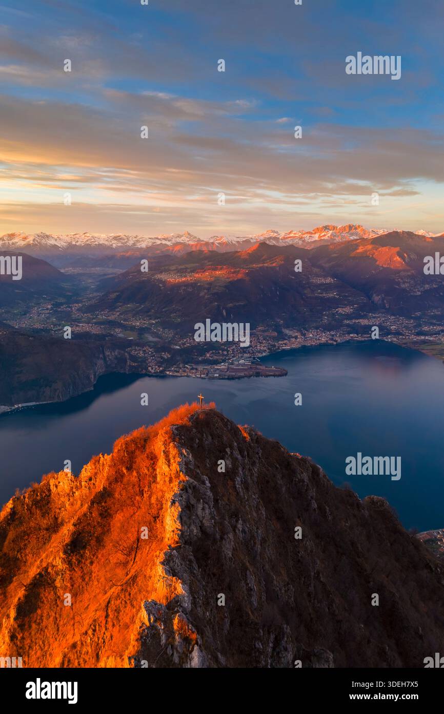 Aerial view of a winter sunset from the top of Corna Trentapassi. Marone, Iseo lake, Brescia province, Lombardy, Italy, Europe. Stock Photo