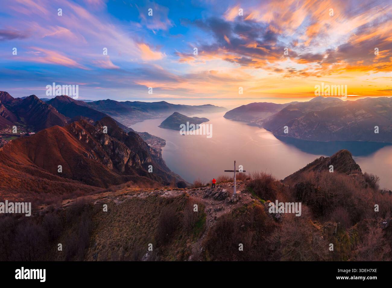 Aerial view of a winter sunset from the top of Corna Trentapassi. Marone, Iseo lake, Brescia province, Lombardy, Italy, Europe. Stock Photo