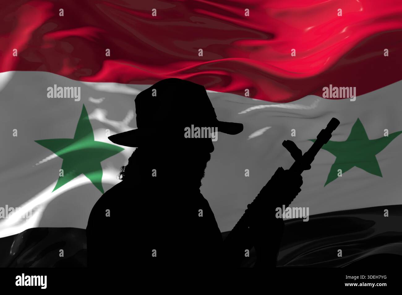 Syrian Machine The silhouette of an armed fighter with a machine gun against the ...