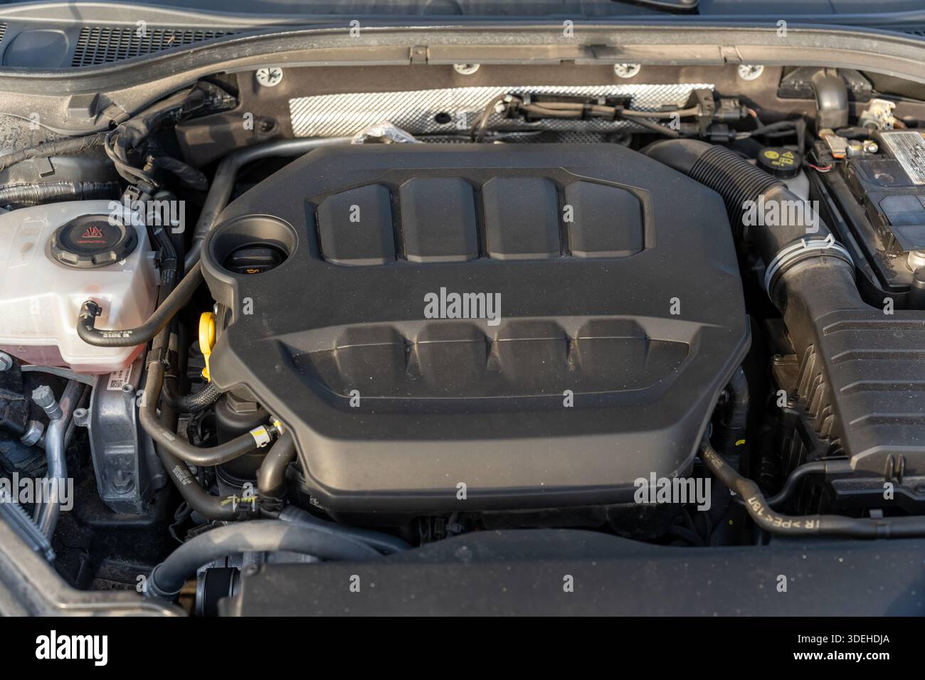 Aut View Top view of modern car engine compartment with black plastic engine ...
