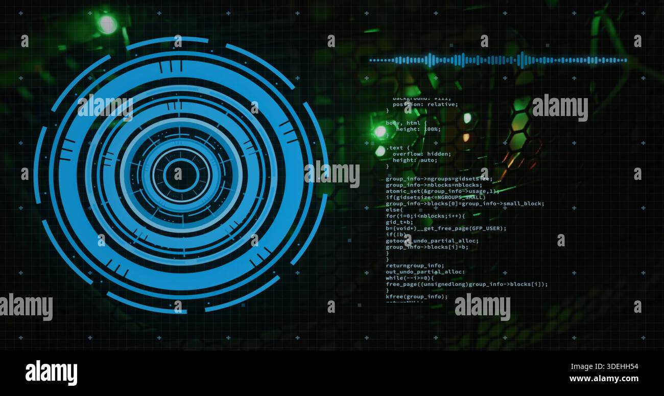 Rotating blue HUD graphic occupying left in virtual interface, showing code waveform, copy space Stock Photo