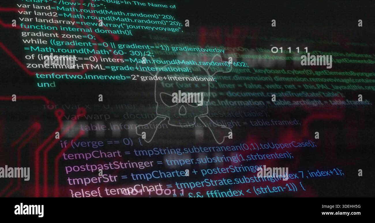 Showing skull overlay centered on screen showing code lines binary 01111 red circuits motion blur Stock Photo