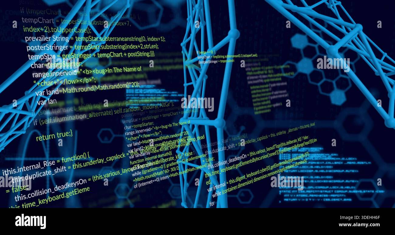 Floating blue 3D wireframe lattice rotating, glowing in cyberspace, with code streams, copy space Stock Photo