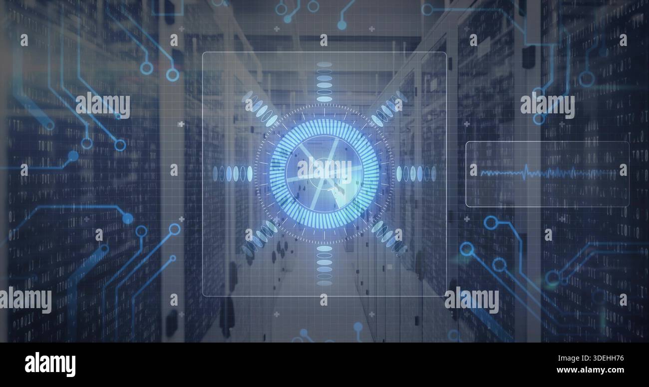 Showing round HUD hovering in server corridor, marking racks, raised floor, cables, streaming data Stock Photo