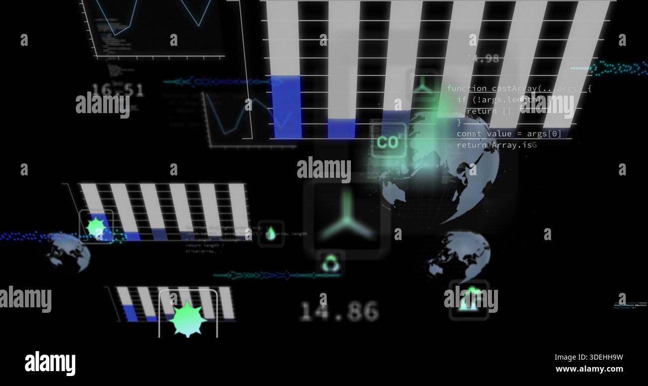 Displaying holographic dashboard over black void, showing vertical bars, emblem, globe, code Stock Photo